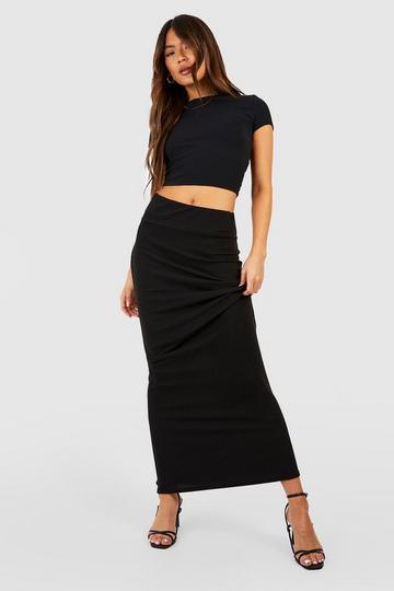 Black Crinkle Rib Folded Waist Maxi Skirt