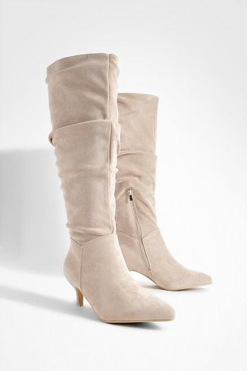 Stone Beige Low Stiletto Knee High Slouchy Boots