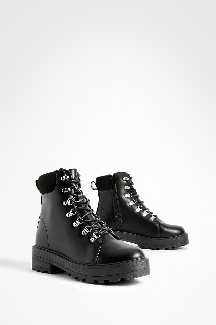 Black Eyelet Detail Lace Up Chunky Hiker Boots