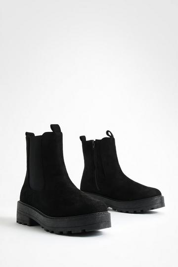 Black Faux Suede Double Tab Detail Chunky Chelsea Boots