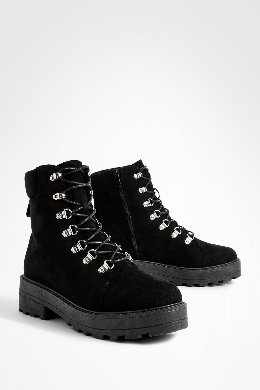 Black Wide Fit Eyelet Detail Lace Up Chunky Hiker Boots image number 1