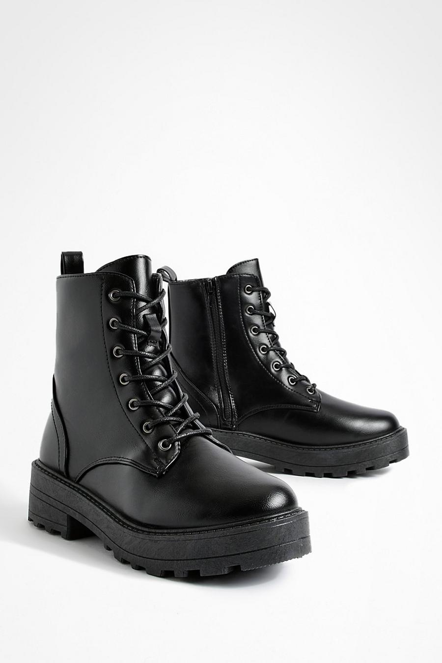 Black Wide Width Lace Up Chunky Combat Boots image number 1