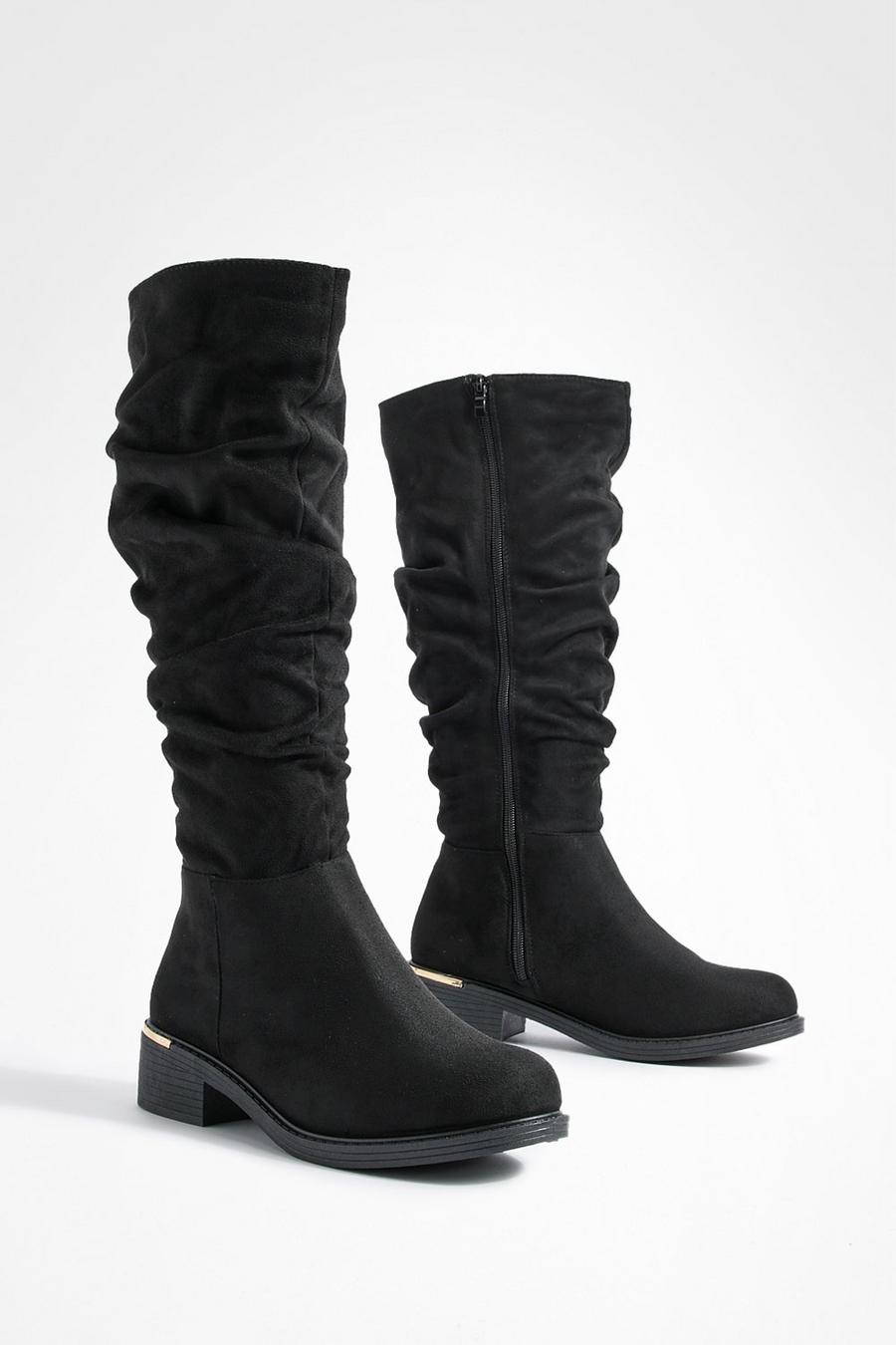Black Wide Fit Slouchy Knee High Flat Boots