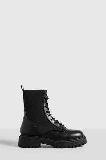 Black Wide Width Panel Detail Chunky Lace Up Combat Boots