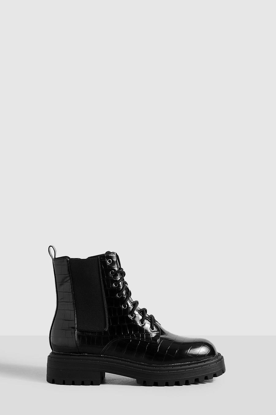 Black Wide Fit Elastic Panel Chunky Lace Up Biker Boots