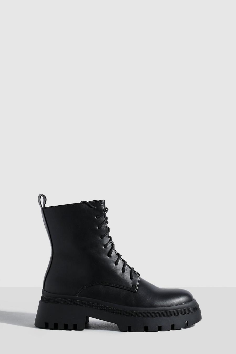Black Chunky Sole Lace Up Biker Boots