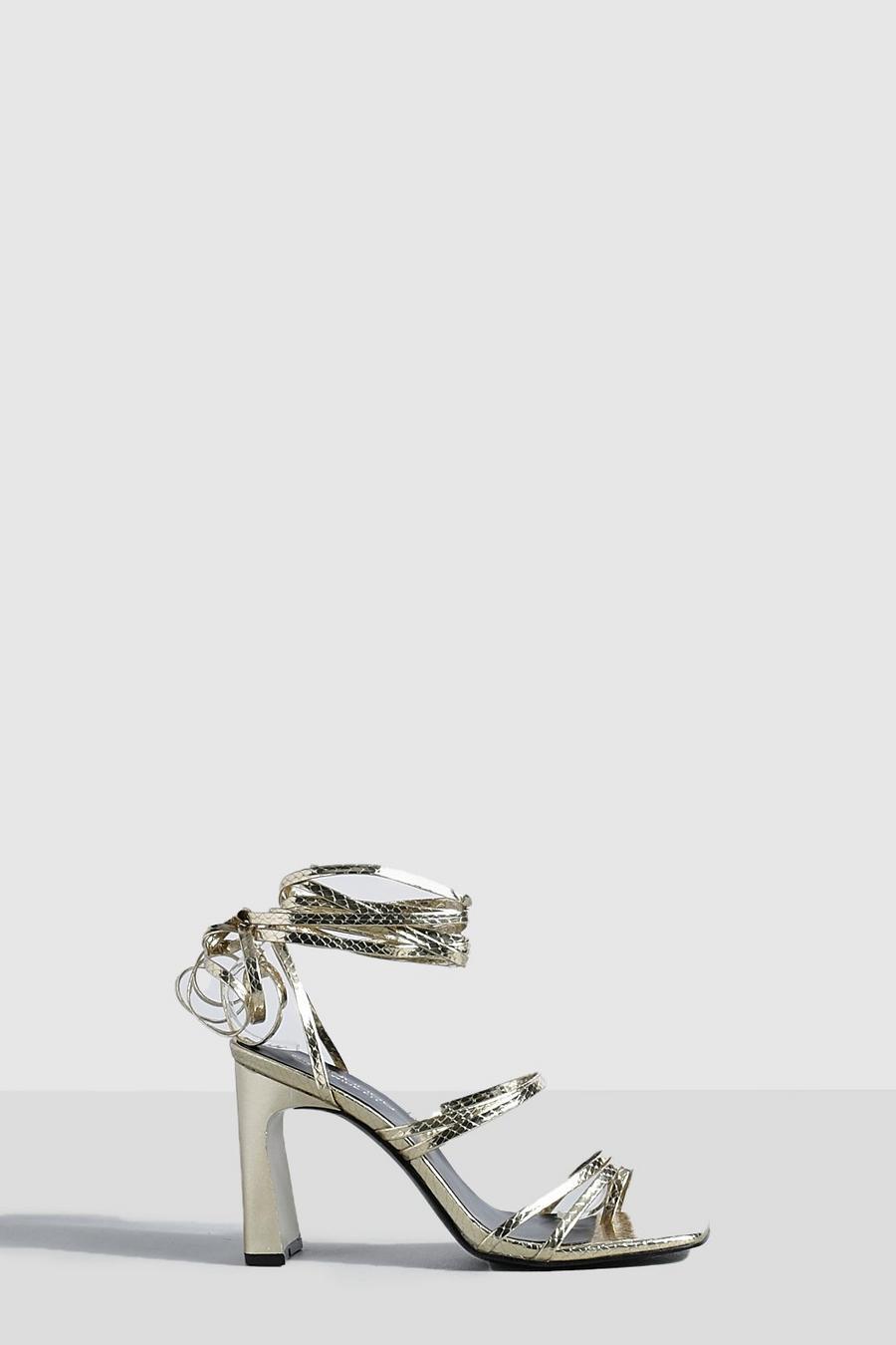 Gold Wide Fit Toe Strap Detail Wrap Up Heels