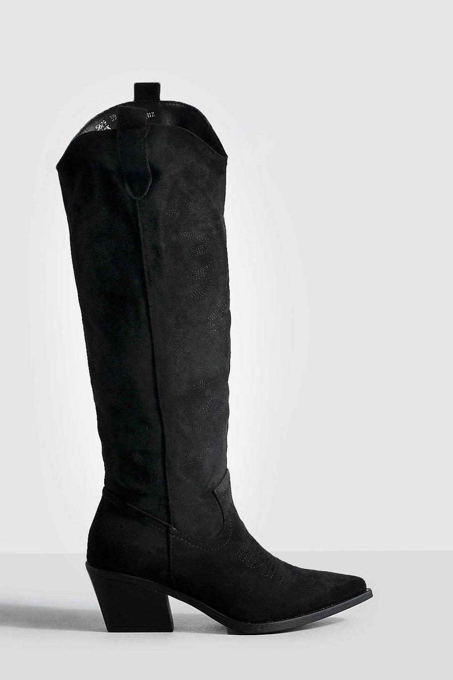 Black noir Low Heel Embroidered Knee High Western Cowboy Boots