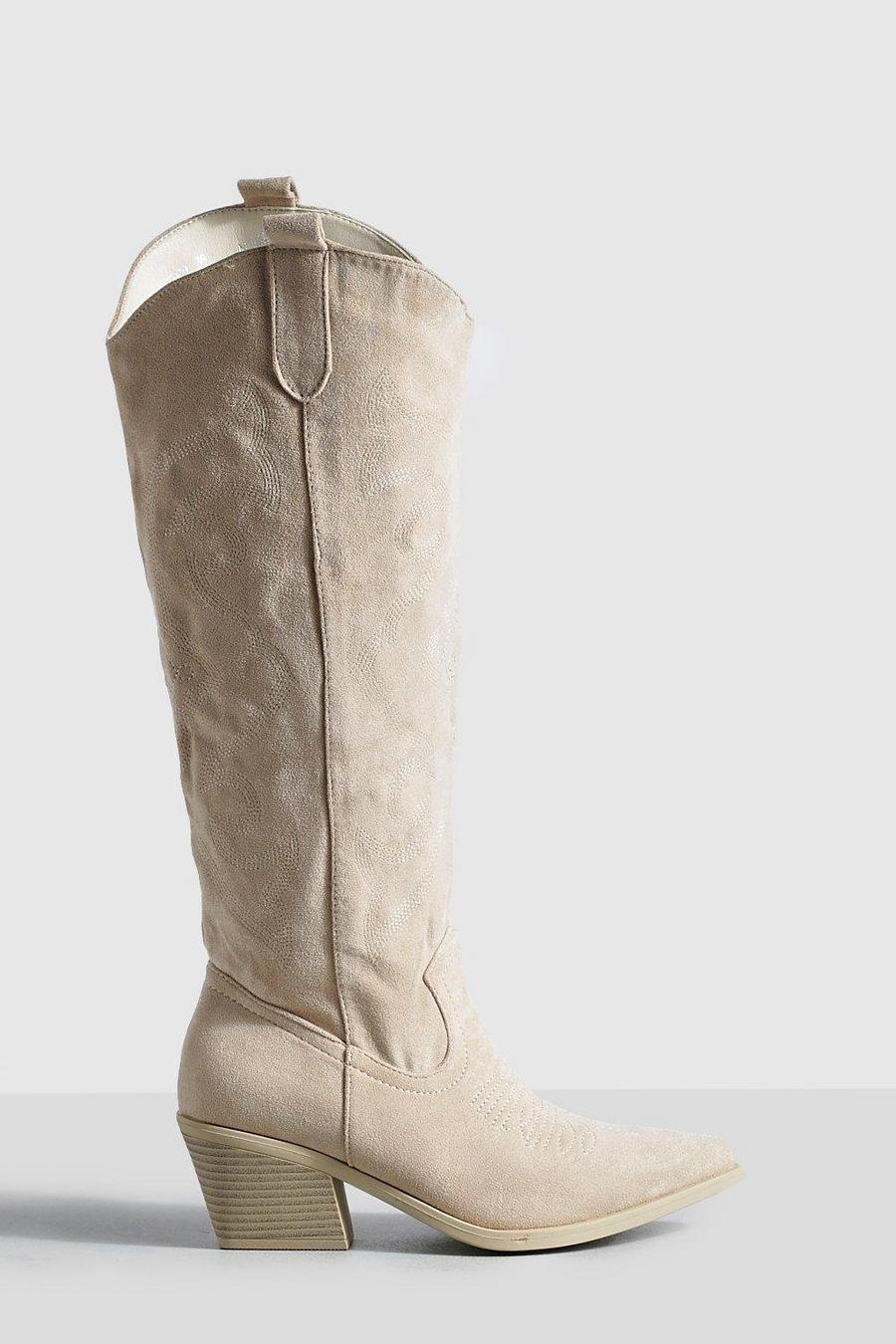 Cream Low Heel Embroidered Knee High Western Cowboy Boots Khaki image number 1