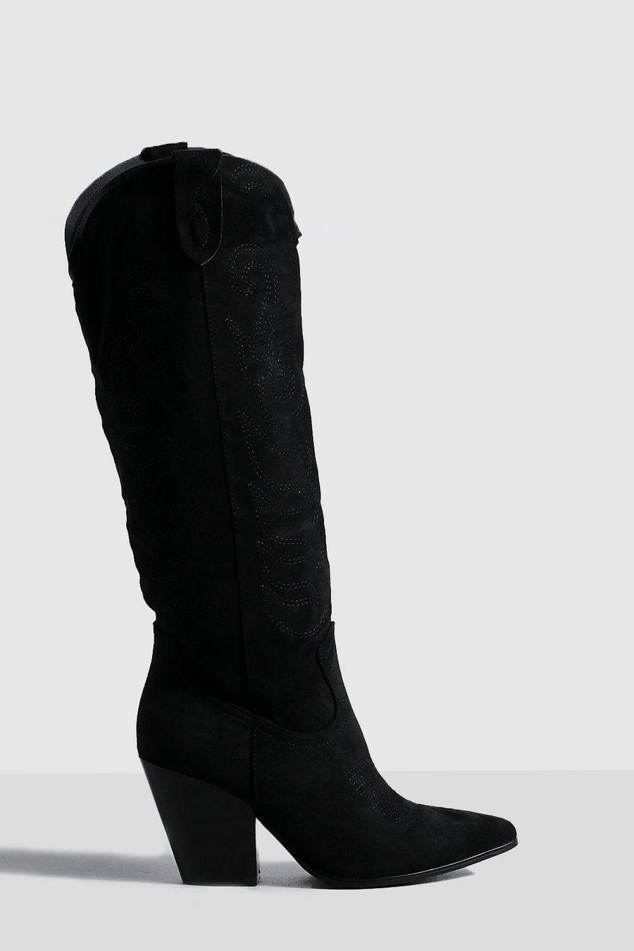Black noir Embroidered Knee High Western Cowboy Boots