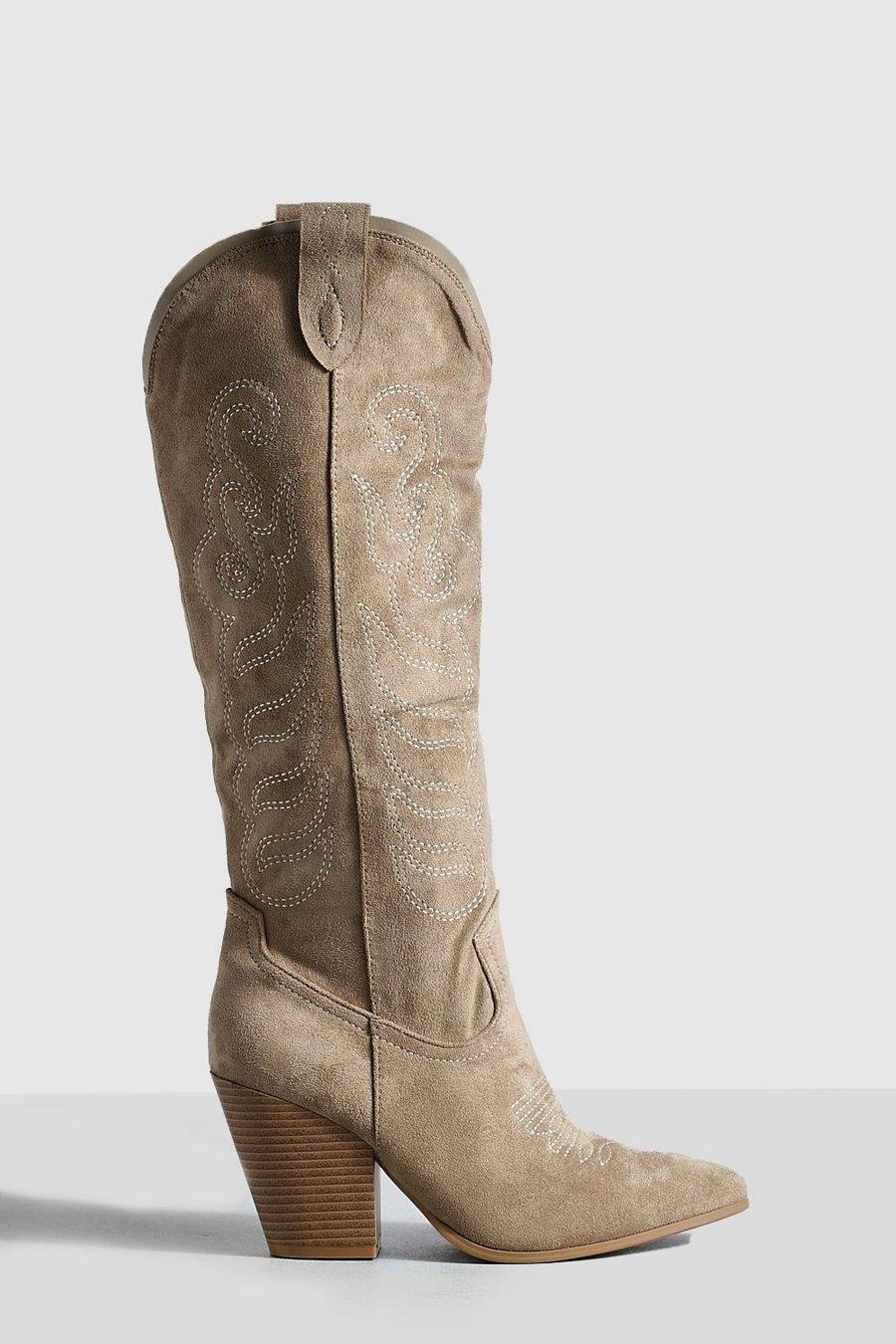 Taupe beige Embroidered Knee High Western Cowboy Boots
