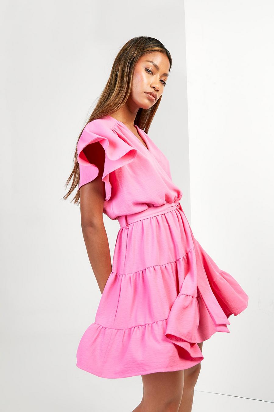 Pink Tie Waist Frill Skater Mini Dress