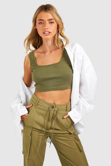 Basic Rib Wide Strap Vest Top khaki