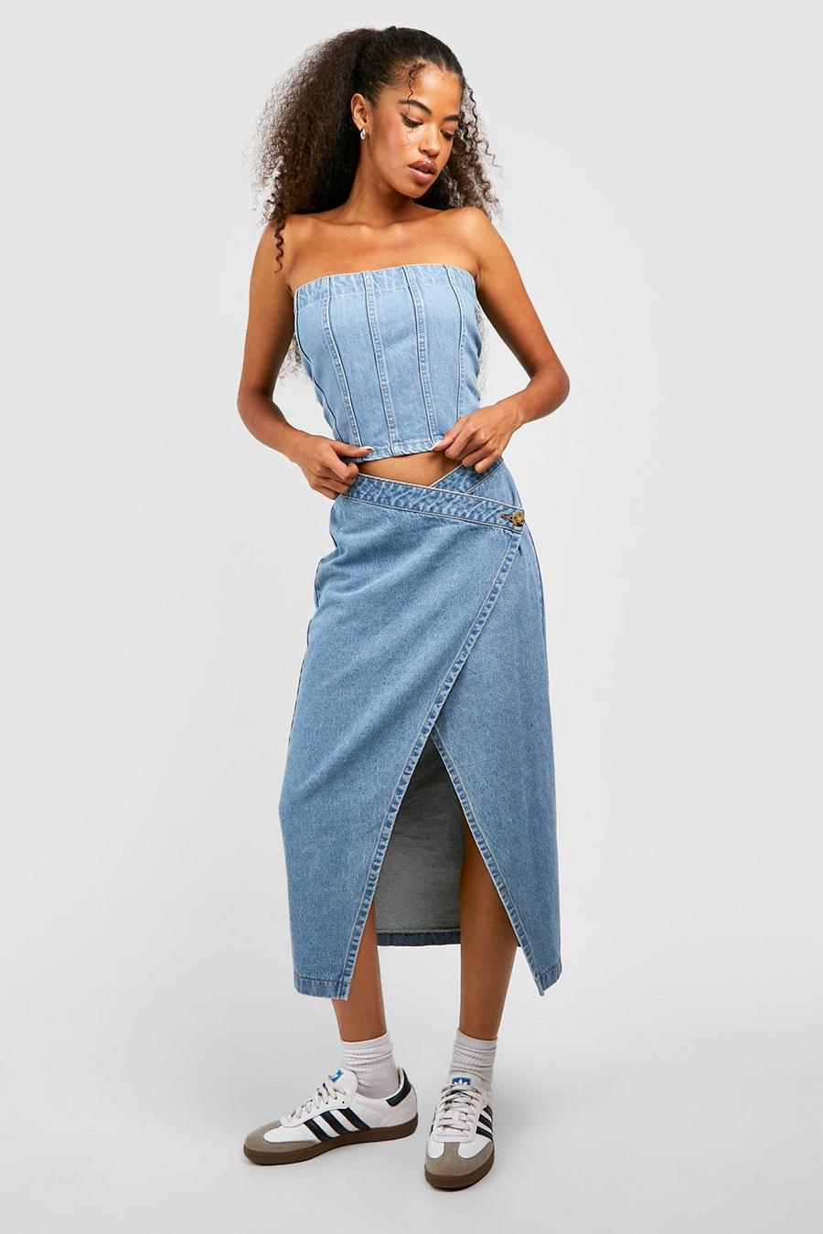 Mid wash Asymmetric Wrap Midaxi Denim Skirt