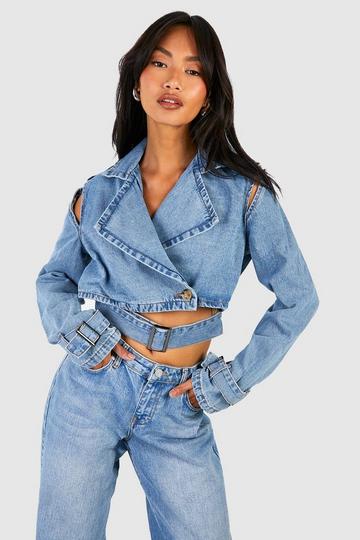 Cropped Denim Trench Jacket mid wash