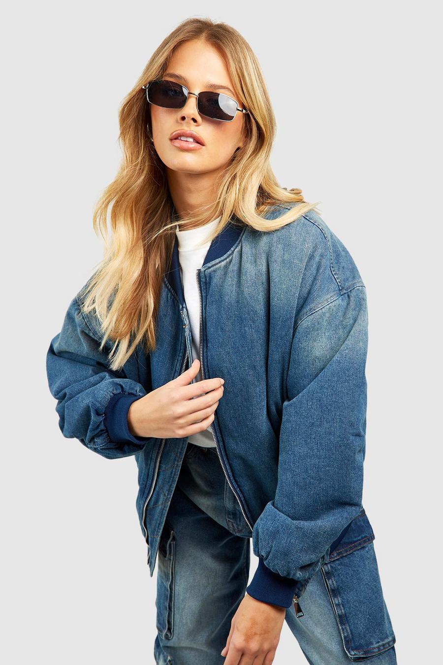 Giacca Bomber oversize in denim con ruches sulle maniche, Mid blue image number 1