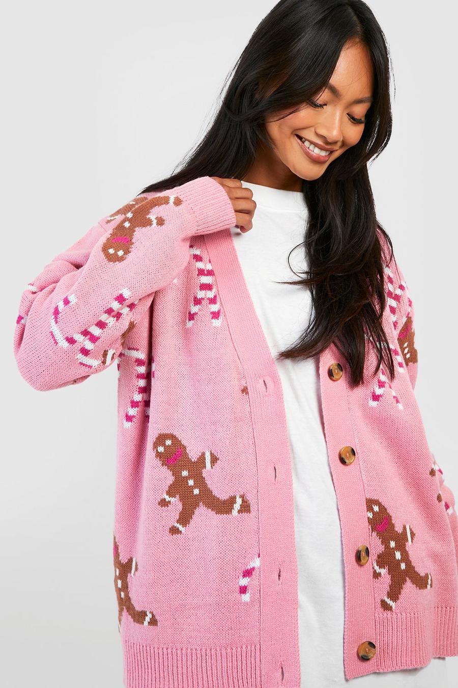 Baby pink Gingerbread And Candy Cane Christmas Cardigan image number 1