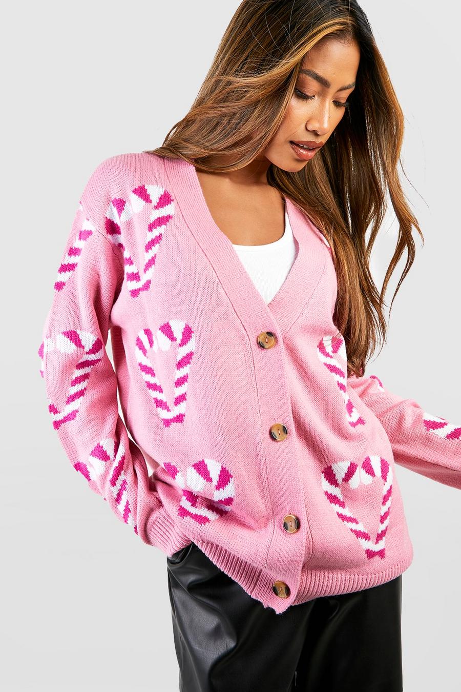 Baby pink Candy Cane Hearts Christmas Cardigan image number 1