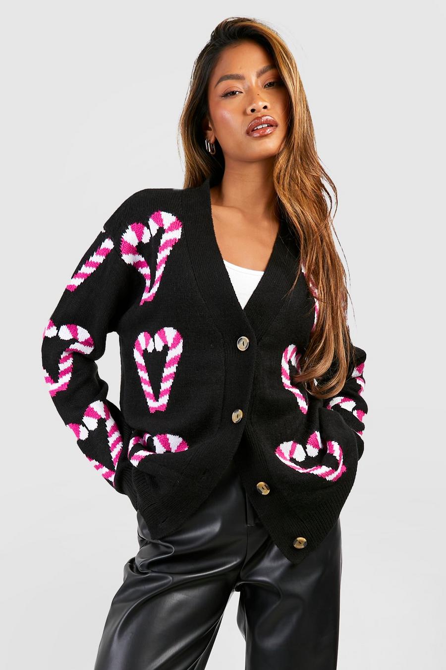 Black Candy Cane Hearts Christmas Cardigan image number 1