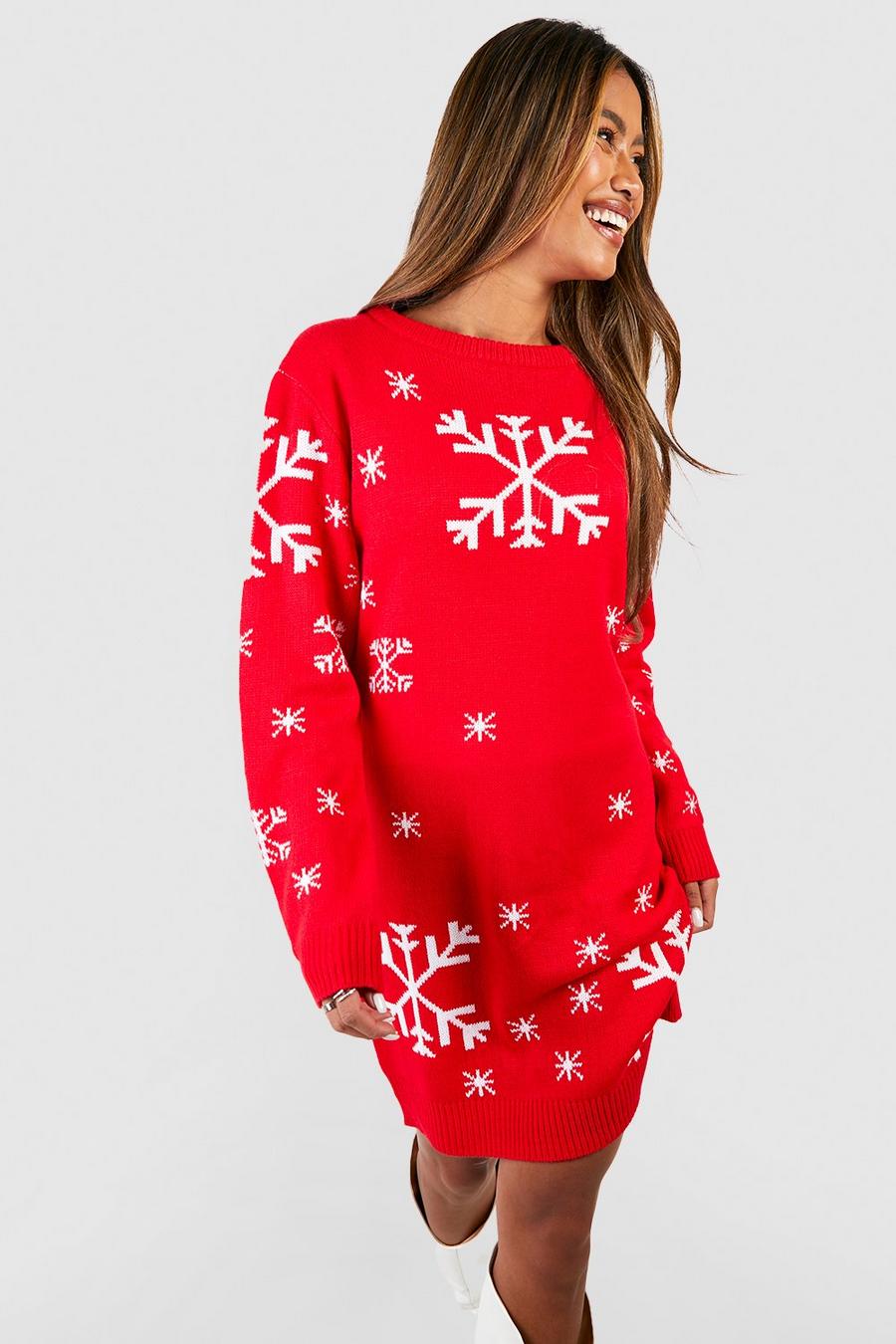 Weihnachts-Pulloverkleid mit Schneeflocken, Red image number 1