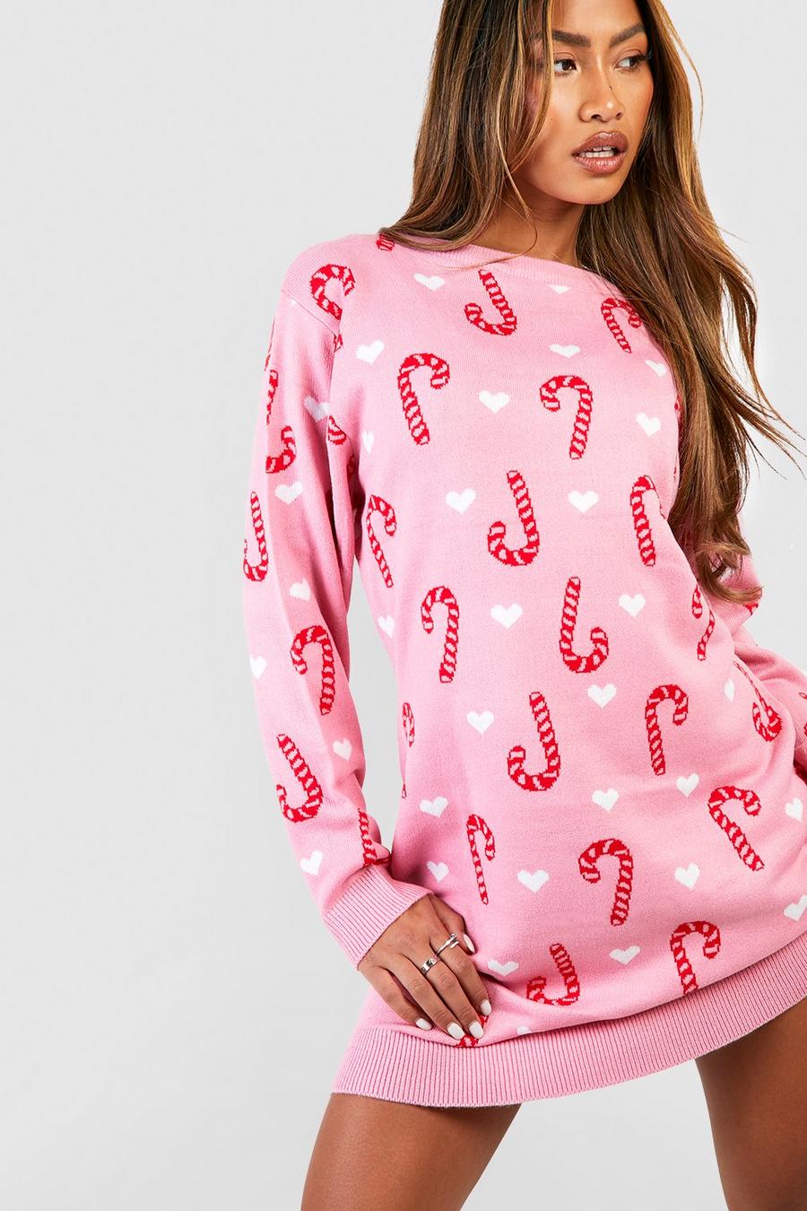Baby pink All Over Candy Cane Christmas Sweater Dress
