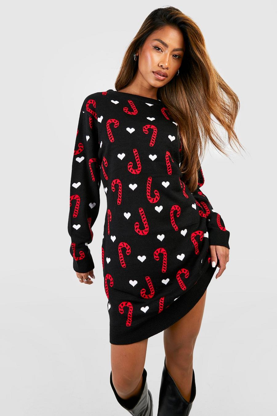 Black All Over Candy Cane Christmas Sweater Dress image number 1