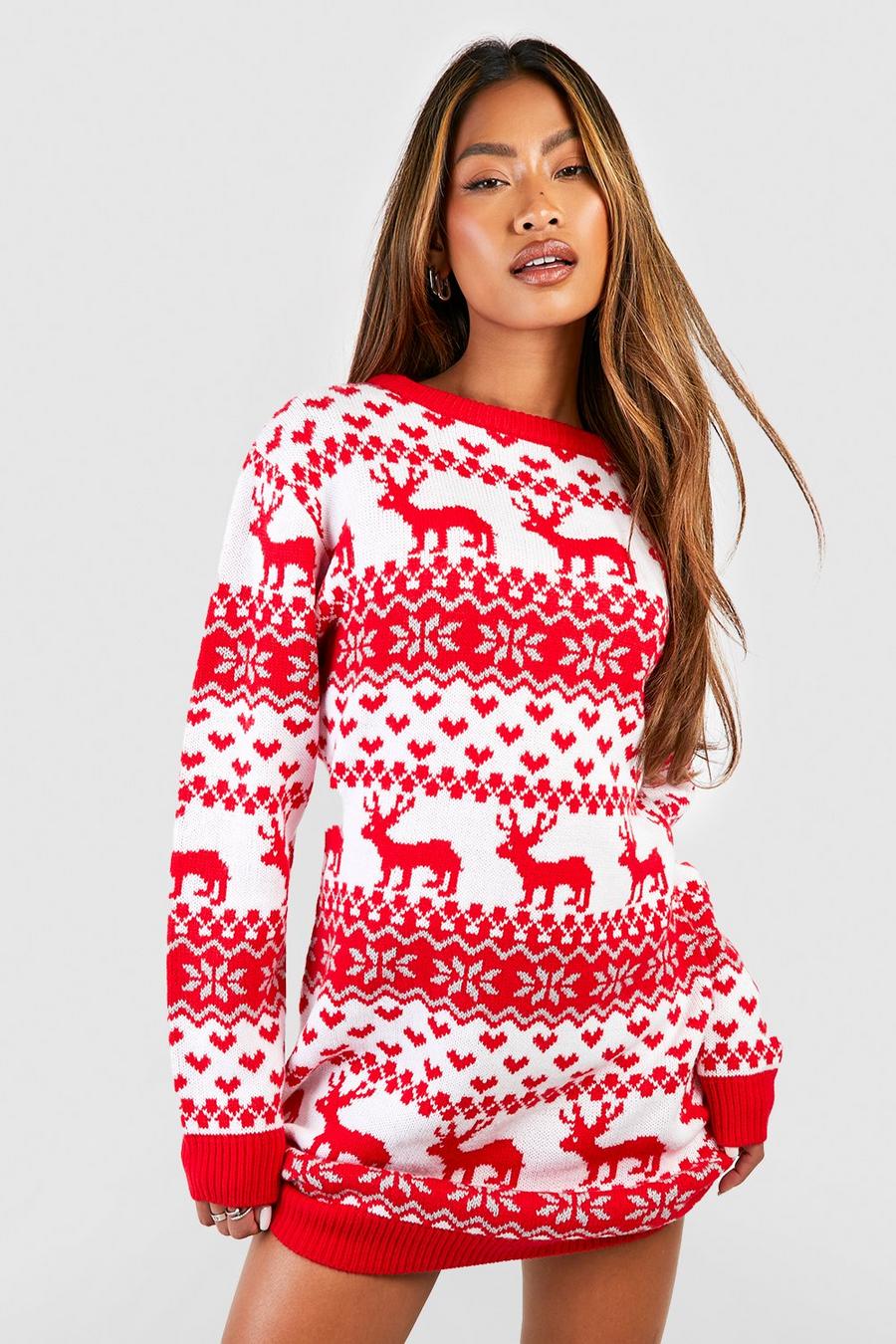 Vestito natalizio in maglia con motivi Fairisle, cuori e renne, Red rosso