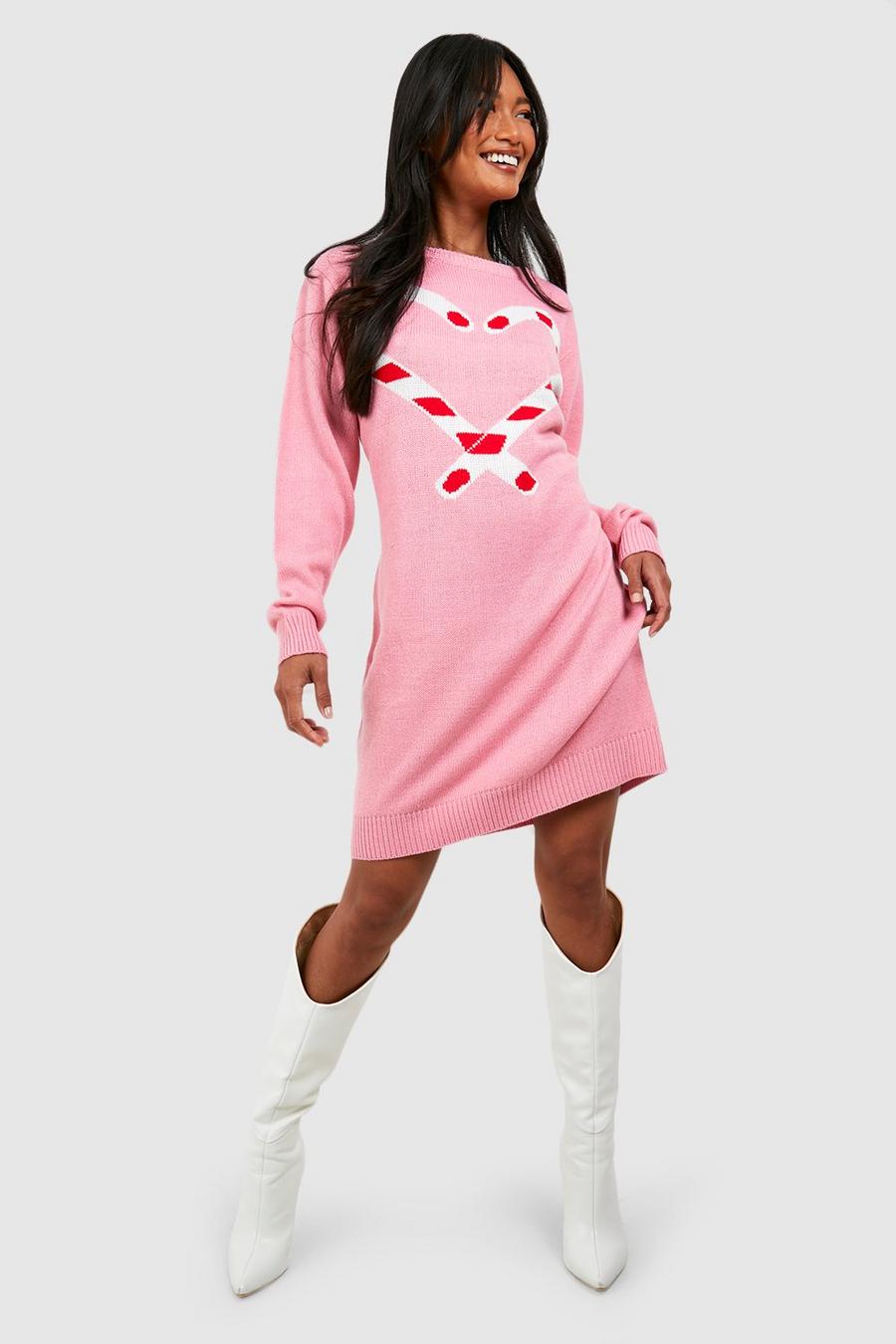 Pink Candy Cane Christmas Sweater Dress image number 1
