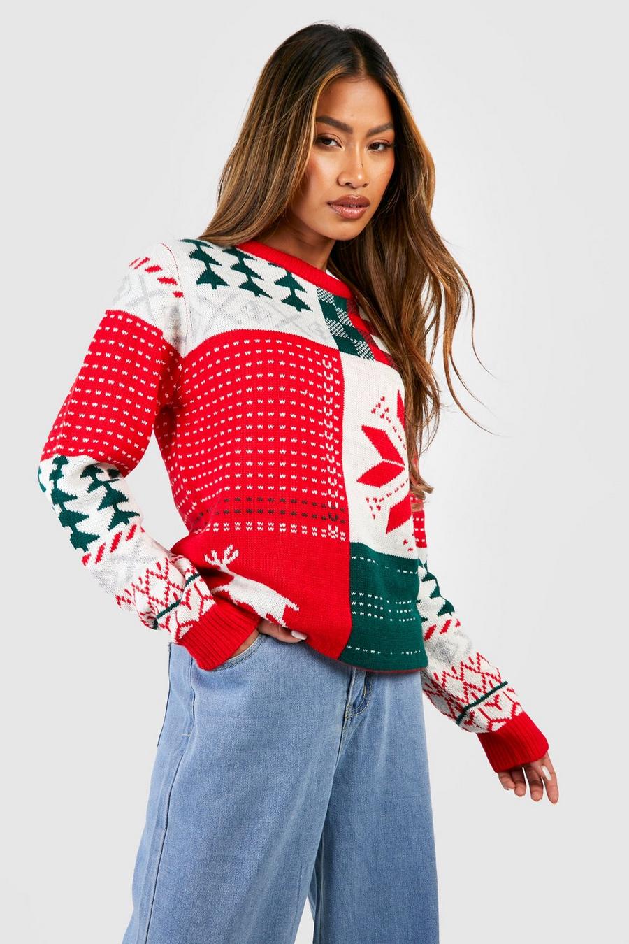 Red Vintage Patchwork Retro Christmas Sweater