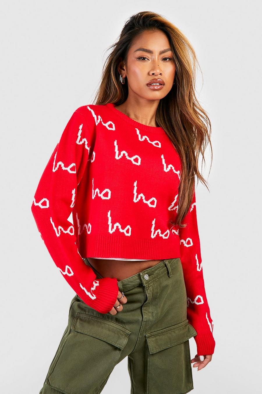 Red Ho Ho Ho All Over Print Crop Christmas Sweater image number 1