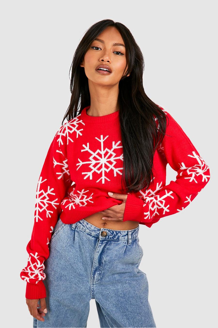 Red Snowflake Crop Christmas Sweater