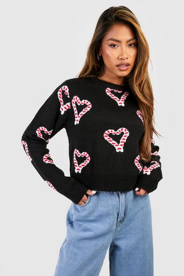 Heart Candy Cane Crop Christmas Sweater black