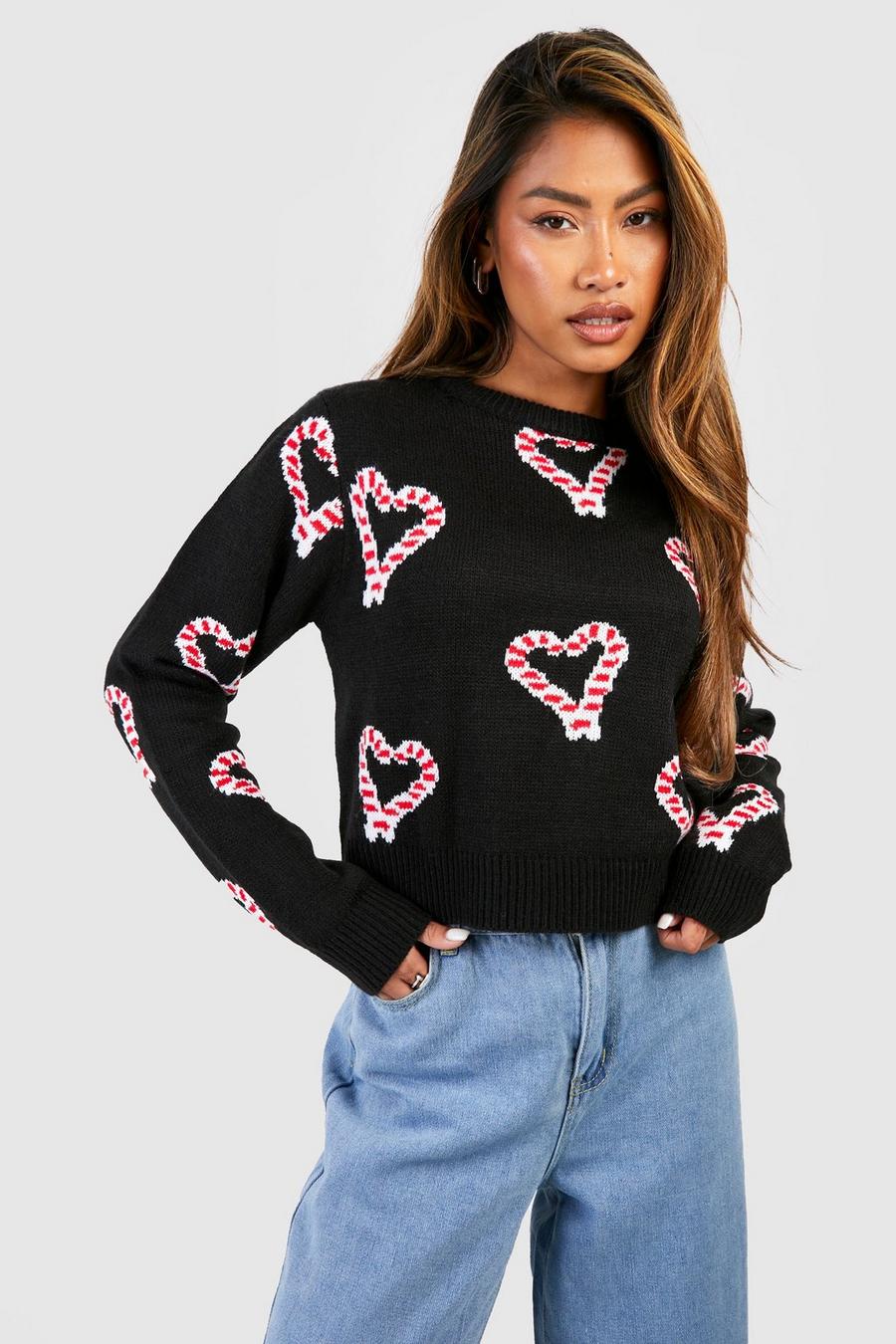 Black Heart Candy Cane Crop Christmas Sweater