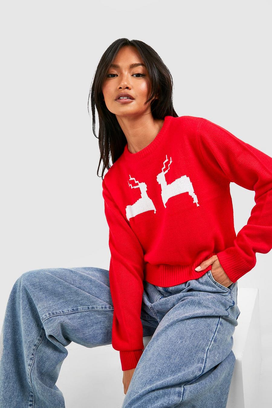 Red Dancing Reindeer Crop Christmas Sweater image number 1