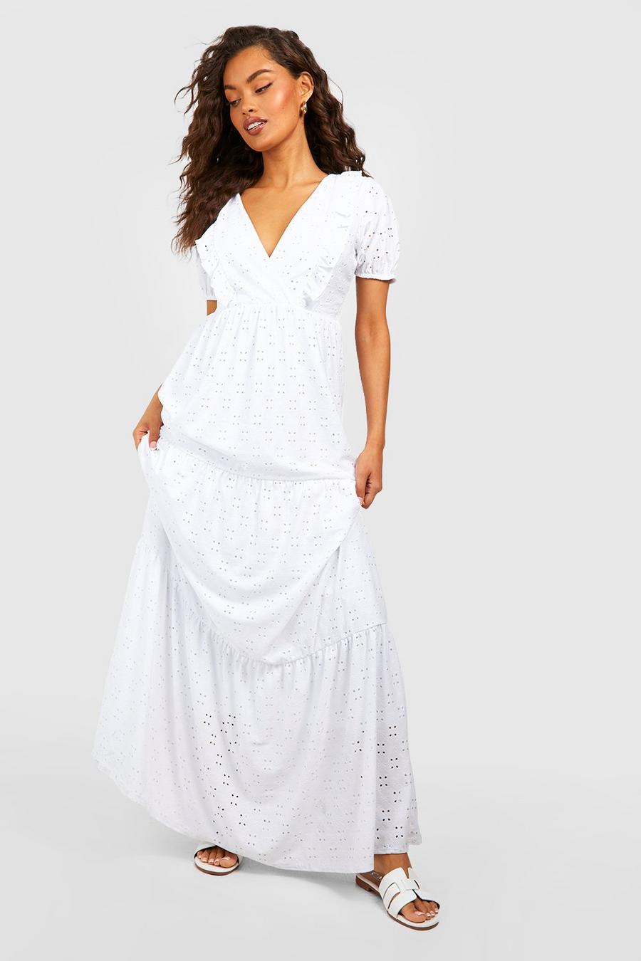 White Soft Broderie Ruffle Puff Sleeve Maxi Dress