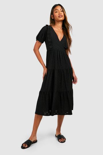 Black Soft Eyelet Ruffle Midi Skater Dress