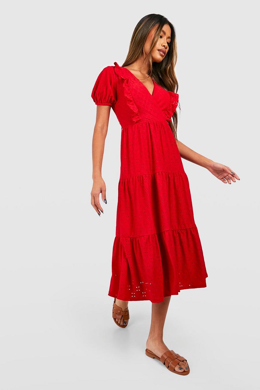 Red Soft Broderie Ruffle Midi Skater Dress image number 1