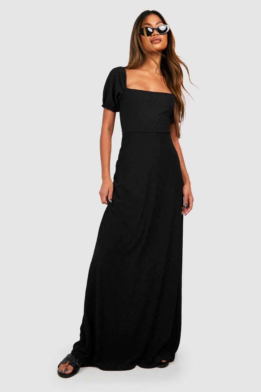 Black Soft Broderie Puff Sleeve Maxi Dress