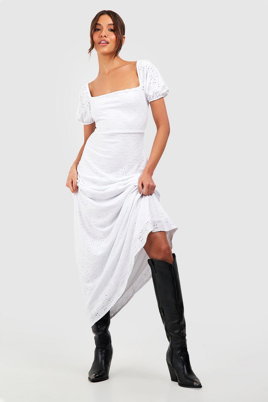 White vit Soft Broderie Puff Sleeve Maxi Dress