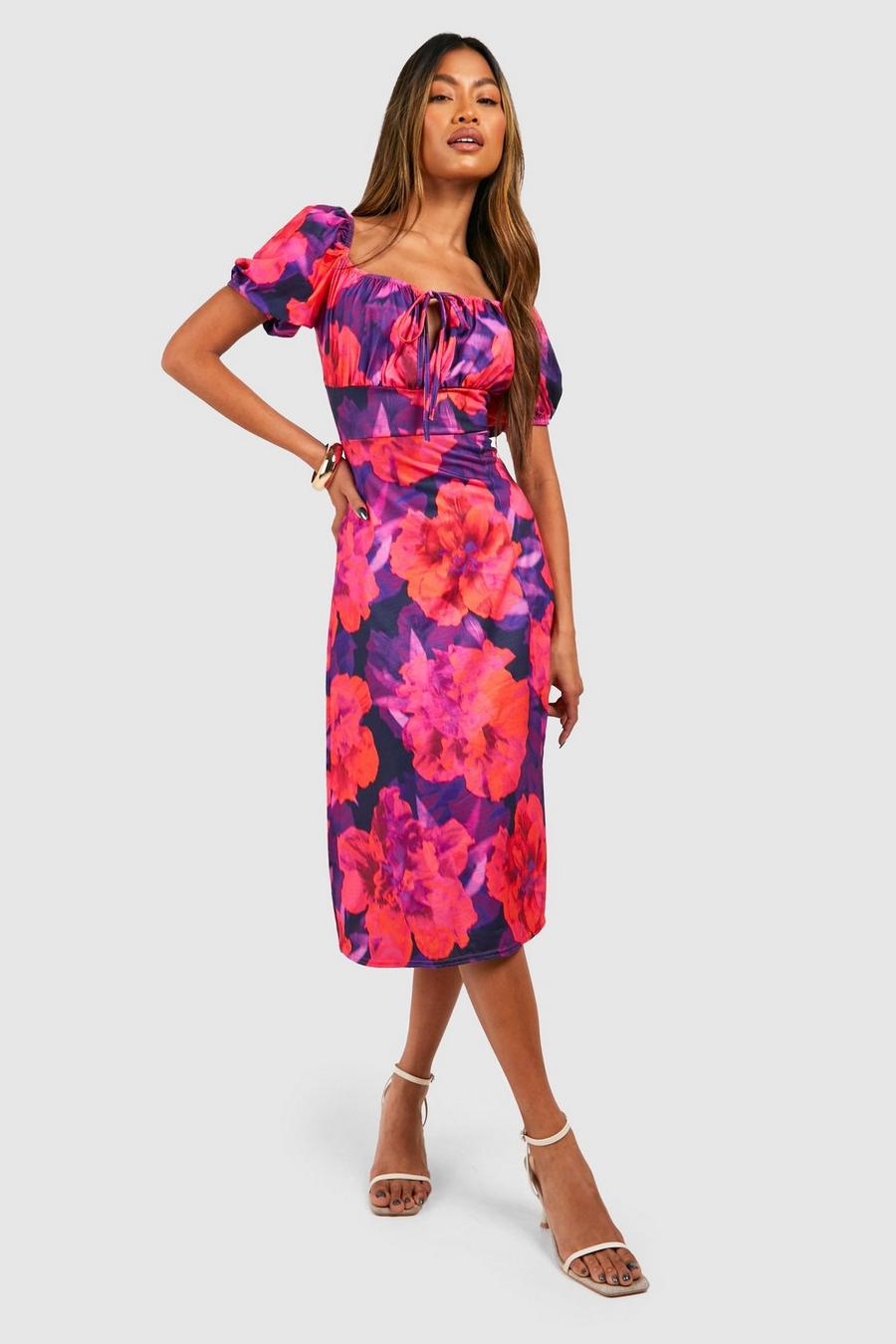 Puff Sleeve Floral Midi Dress image number 1