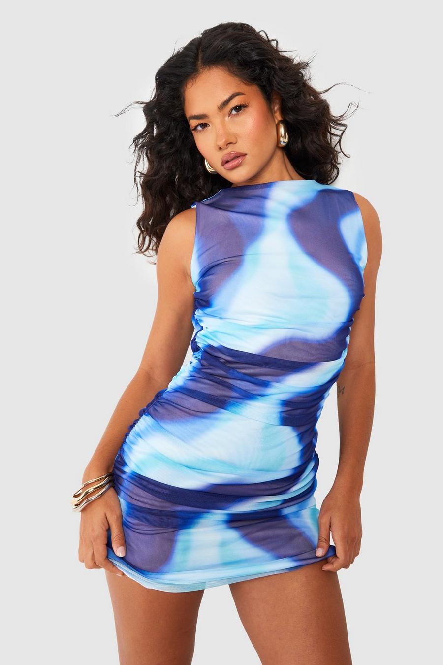 Blue Abstract Mesh Ruched Mini Dress image number 1