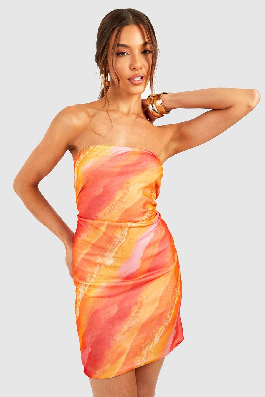 Vestido mini palabra de honor de malla con estampado abstracto, Orange image number 1