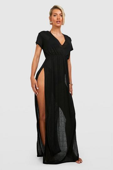 Black Sheer Texture Split Beach Maxi Dress