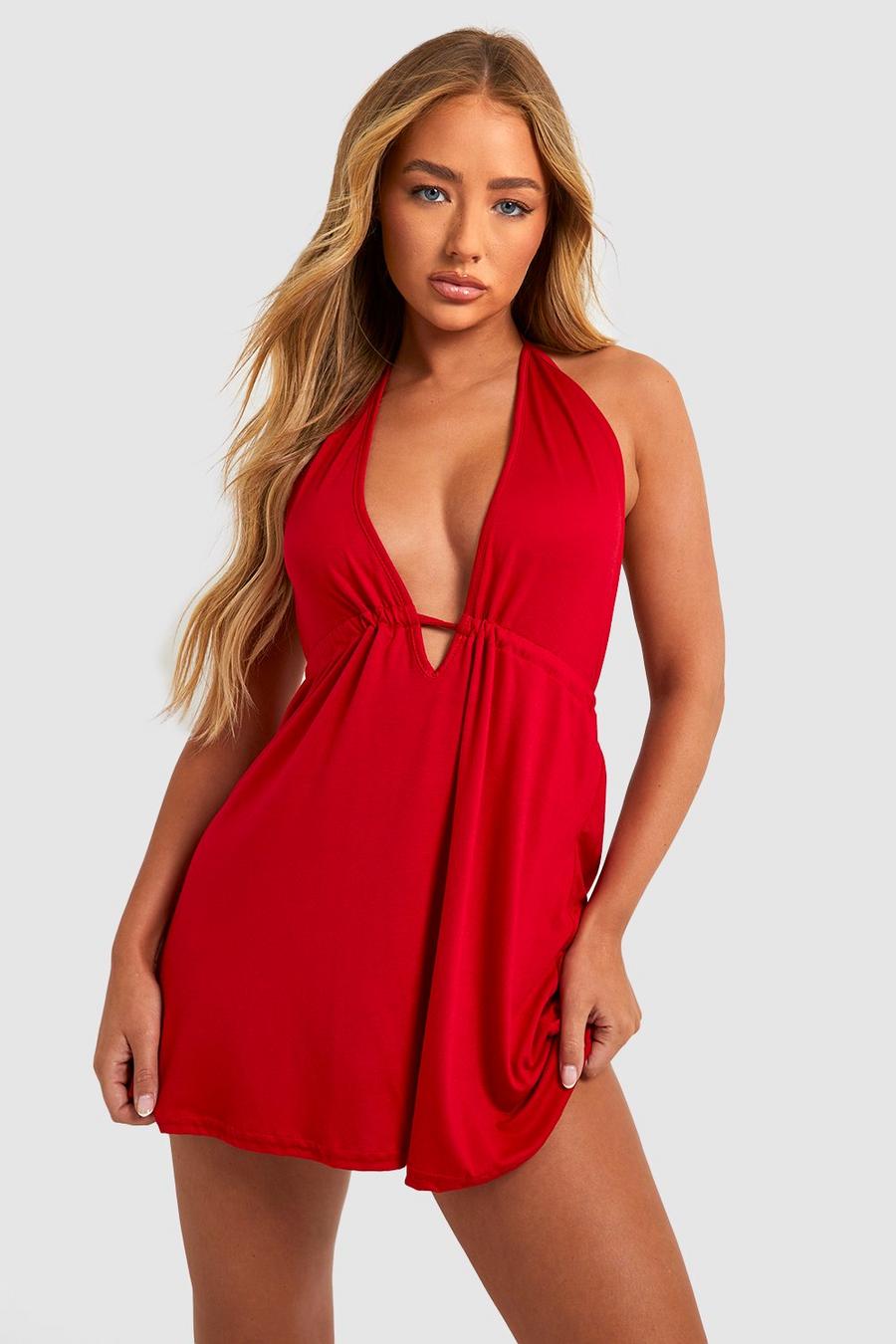 Red Tie Neck Beach Swing Dress image number 1