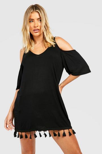 Black Cold Shoulder Tassel Hem Beach Mini Dress