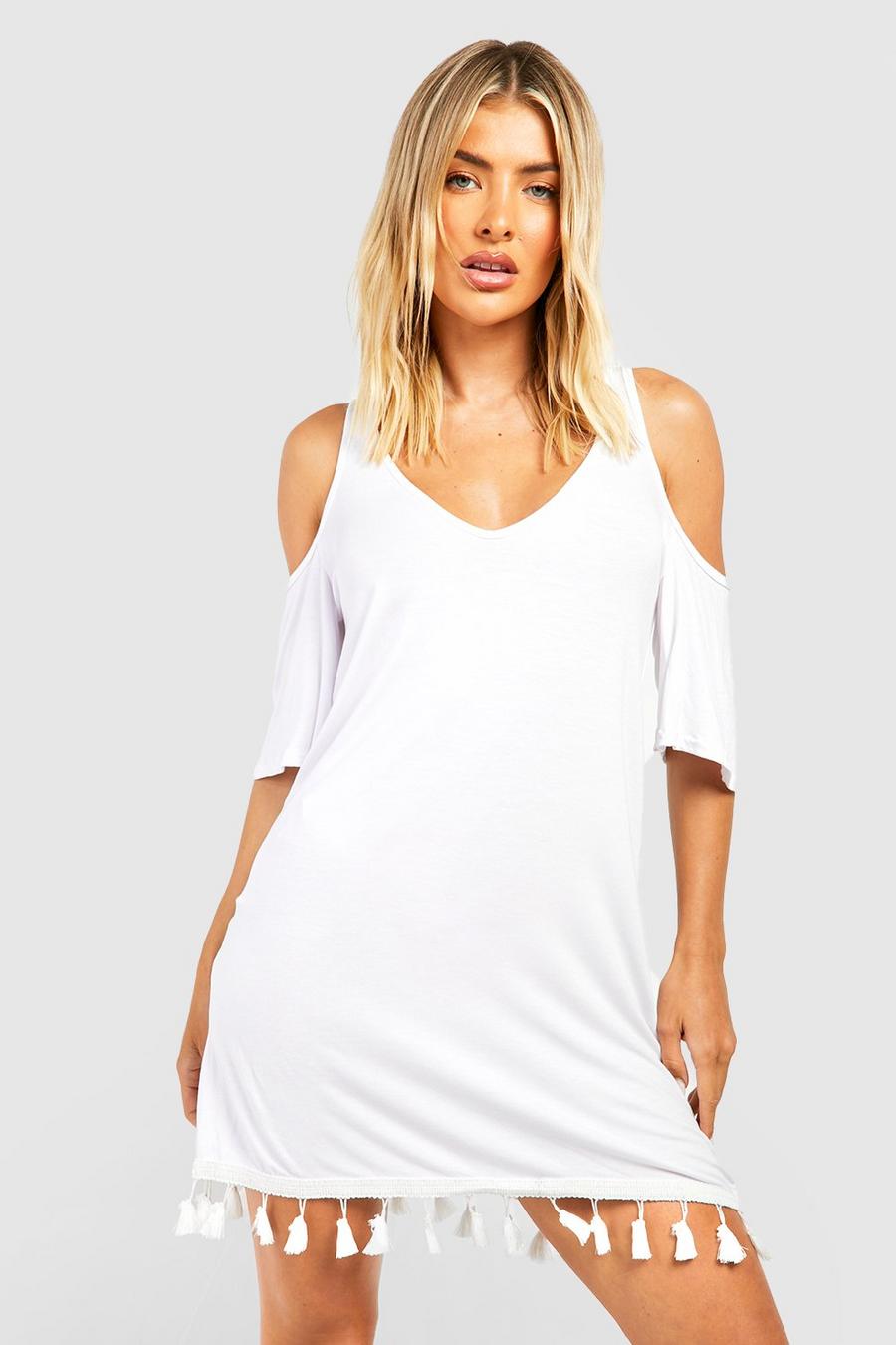 White Cold Shoulder Tassel Hem Beach Mini Dress