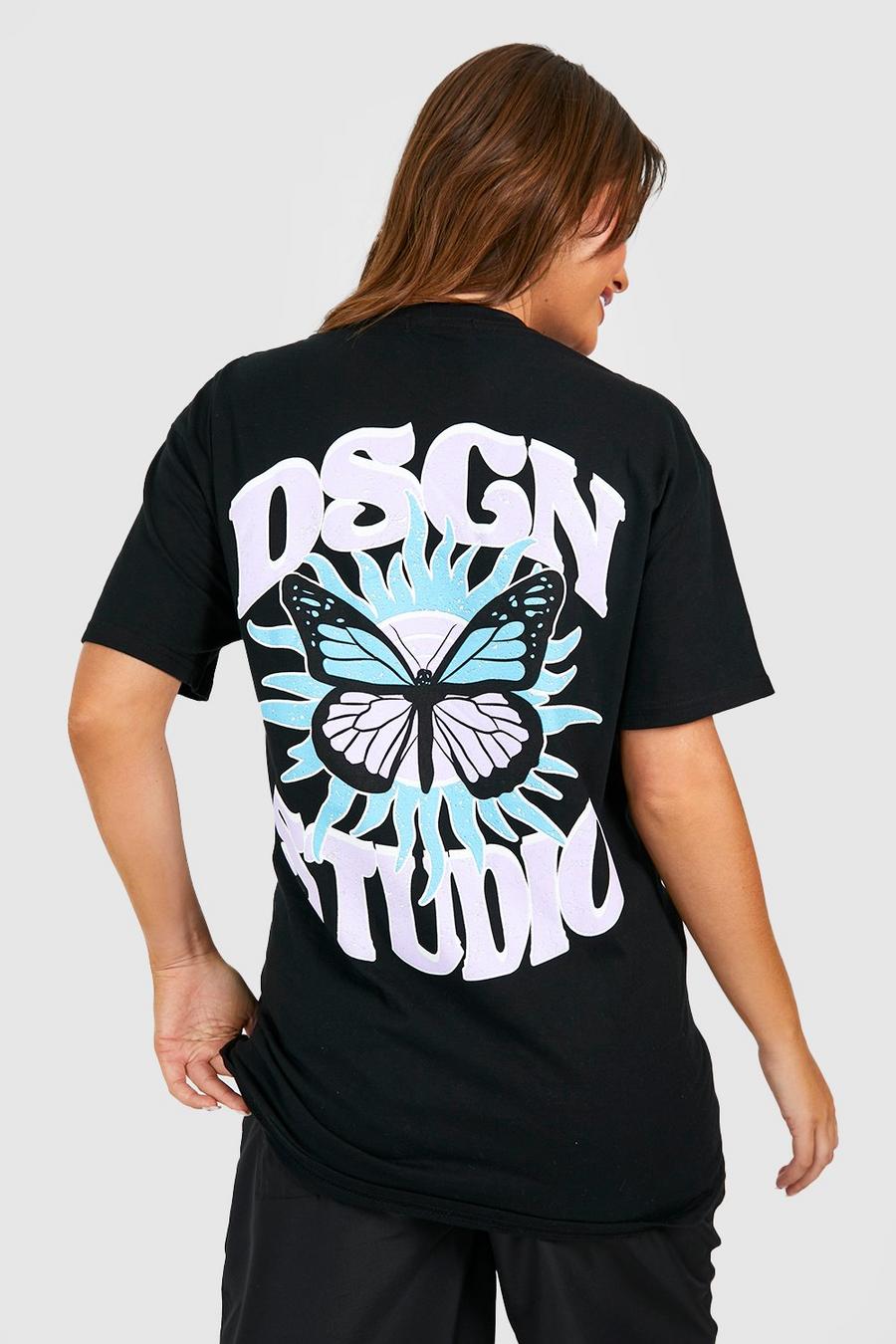 T-shirt Premaman Dsgn Studio con farfalle celesti, Black negro