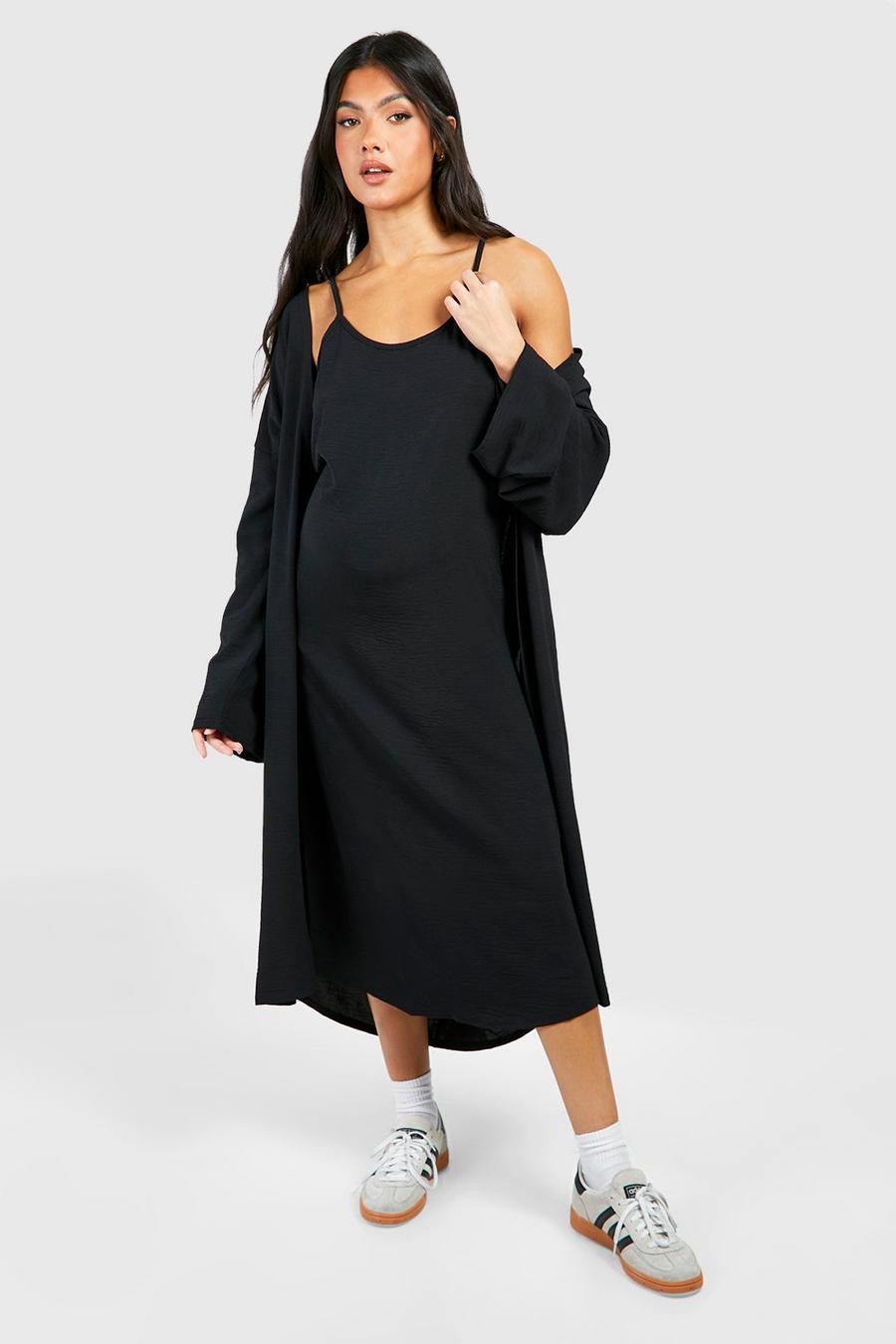 Black Maternity Textured Strappy Midi Dress And Belted Kimono  image number 1