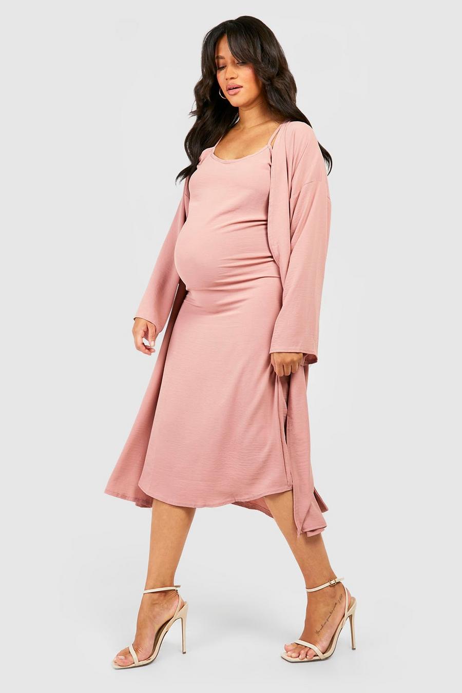 Dusky pink Maternity Textured Strappy Midi Dress And Belted Kimono  image number 1