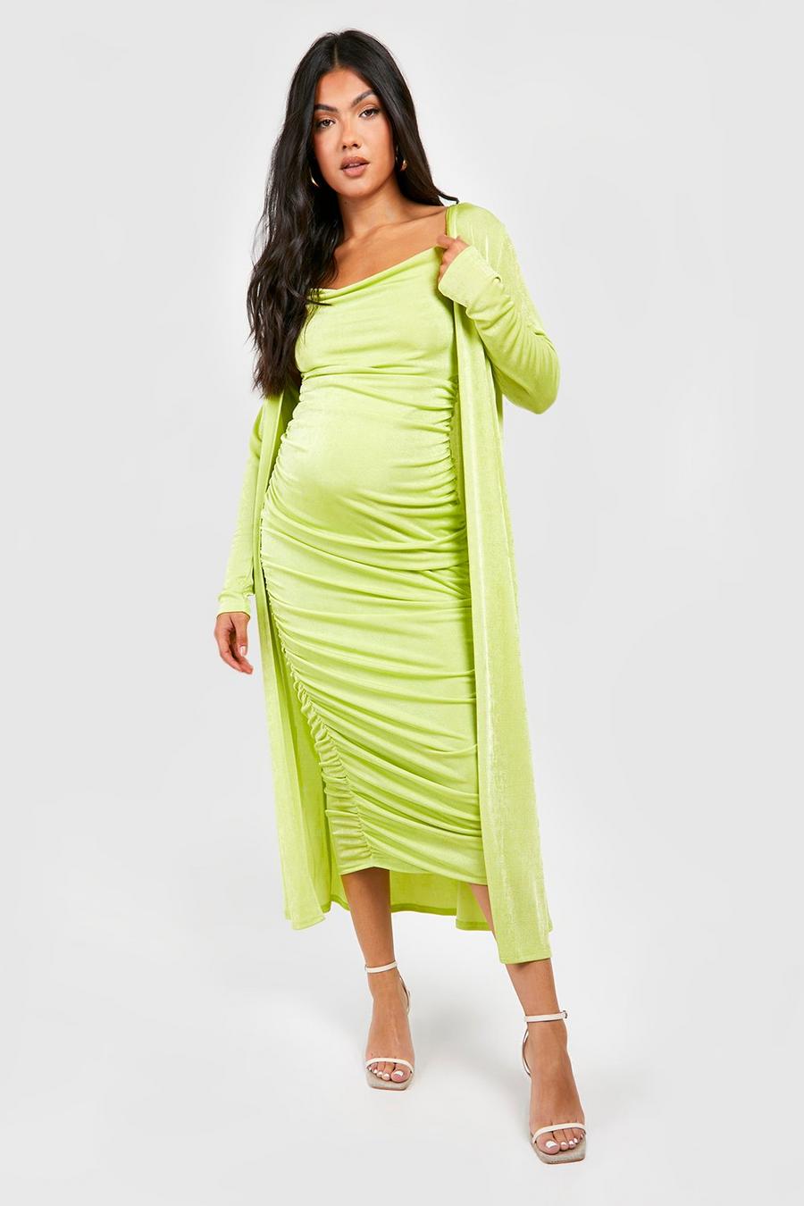 Lime Zwangerschap Jurk Met Bandjes En Waterval Hals En Duster Jas